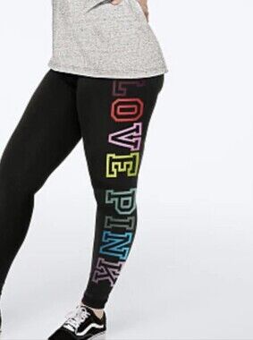Victoria's Secret Pink Rainbow Black Leggings with "LOVE PINK" Logo Sz. Small